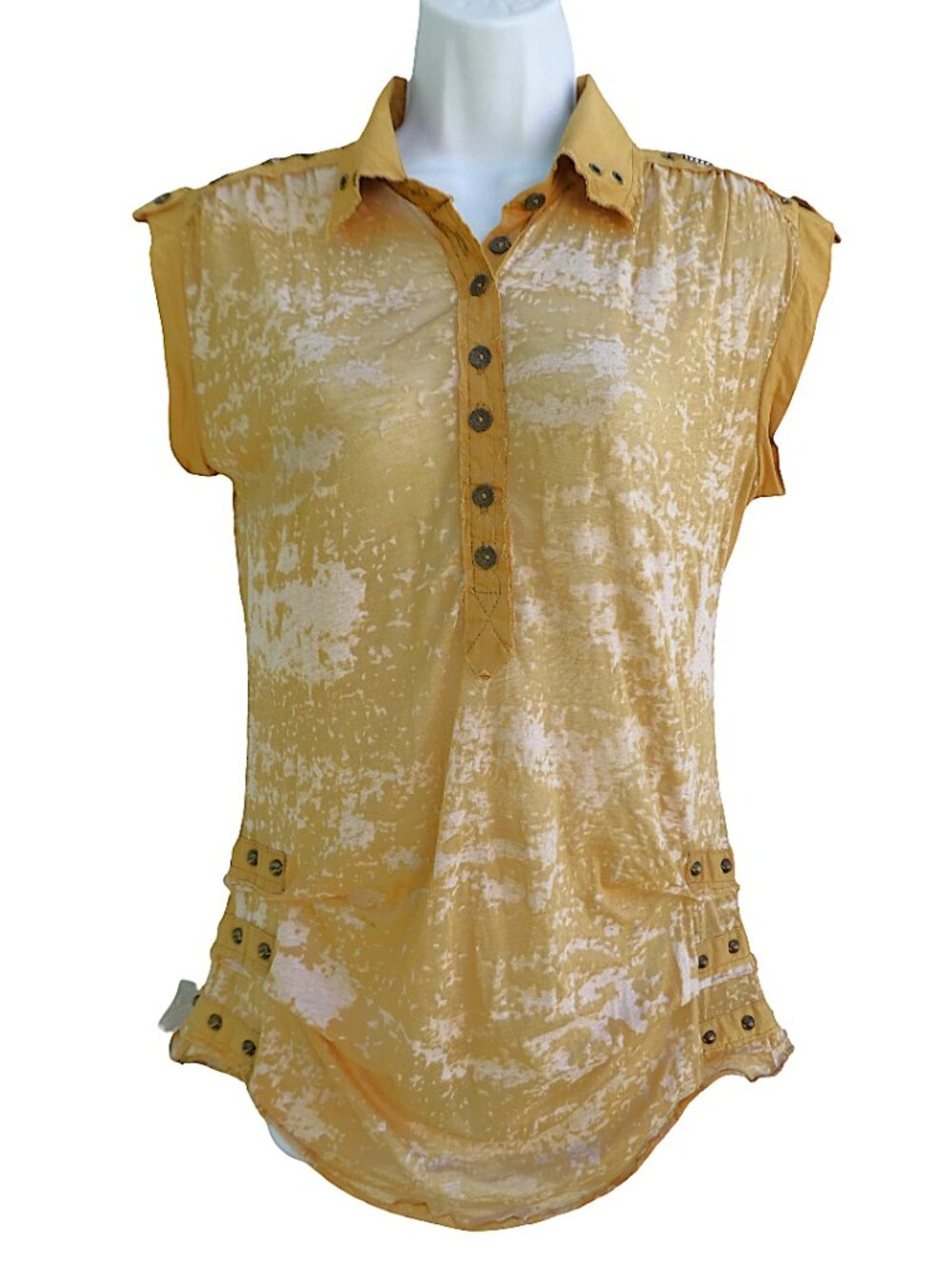 Mur Mur Sheer Tie Dye Henley Top Shoulder Back Yoke Chain Detail Ruched Hip M